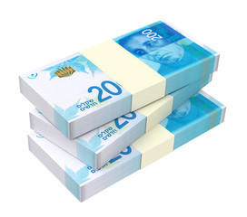 Israeli Shekel bills isolated on white background. Computer generated 3D photo rendering.