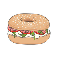 Fresh bagel sandwich with cream cheese, rucola and tomato. Delicious breakfast. Take away fast food. Vector illustration.