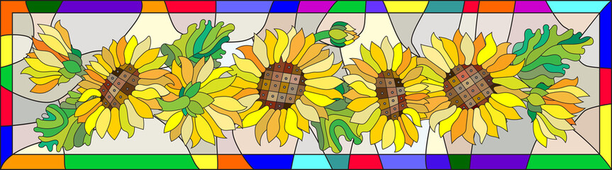 Colorful illustration in stained glass style with flowers, leaves and buds of the sunflower