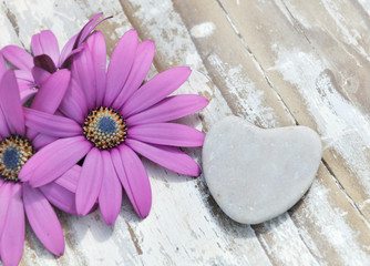 galet en forme de cœur et corolles de fleurs sur bois 