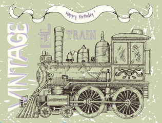 Happy birthday card with retro train locomotive and text