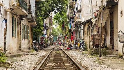 train passing through streets of hanoi slums, vietnam - obrazy, fototapety, plakaty