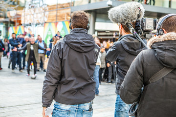 ALMERE, NETHERLANDS - OCTOBER 18: Video filming for Dutch show on a city square in Almere. Netherlands.