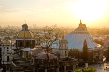 Scenic view at Basilica of Guadalupe with Mexico city skyline - obrazy, fototapety, plakaty