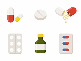 Medicine icons Pills, Capsules and Prescription Bottle. Drugs vector illustration