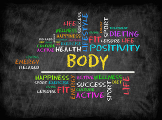 Body  word cloud, fitness, sport, health concept on chalkboard