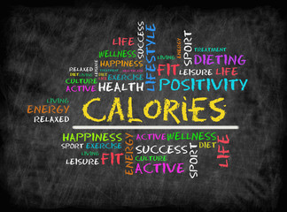 Fototapeta na wymiar Calories word cloud, fitness, sport, health concept on chalkboa