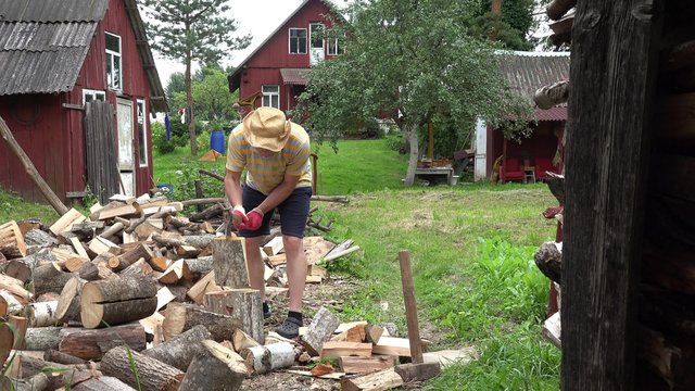 young worker man chop big alder log in village yard in summertime. 4K UHD video clip.  
