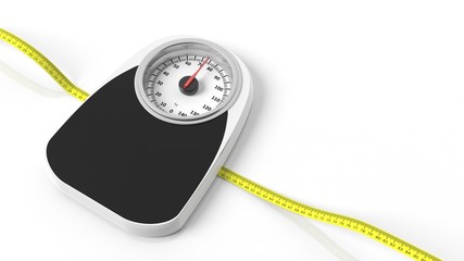 Bathroom scale with measuring tape, isolated on white background.