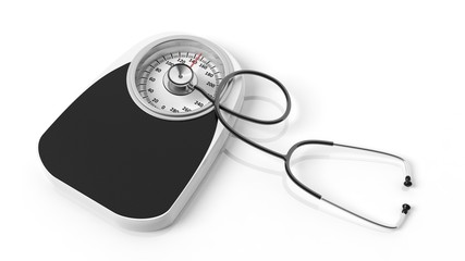 Bathroom scale with stethoscope, isoalted on white background.