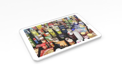 Supermarket products on tablet screen, isolated on white background.