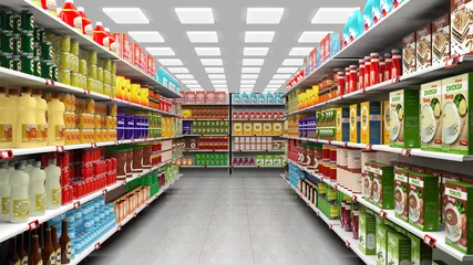 Foto op Plexiglas Supermarktinterieur met planken vol met verschillende producten. © viperagp