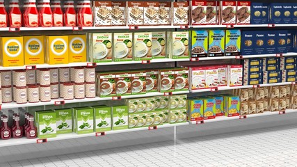 Supermarket shelves full of various products.