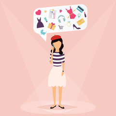 Woman talking on mobile phone. Speech Bubbles with icons love, s