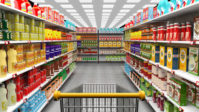 Supermarket interior with shelves full of various products and empty trolley basket