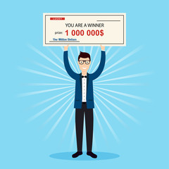 Happy man holding large check of one million dollar in hands. Co