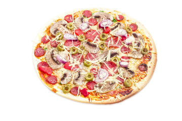 Pizza with sausage, mushrooms and olives on a light background
