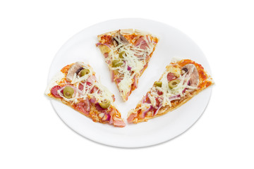 Three pieces of pizza on a white dish