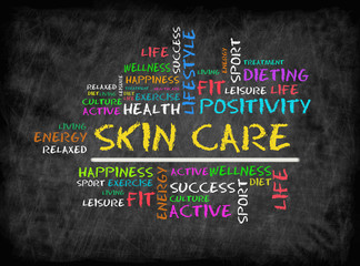 Skin care word cloud, fitness, sport, health concept on chalkboa