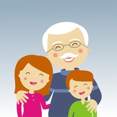 Hombre anciano con el pelo blanco y sus nietos. Día del abuelo