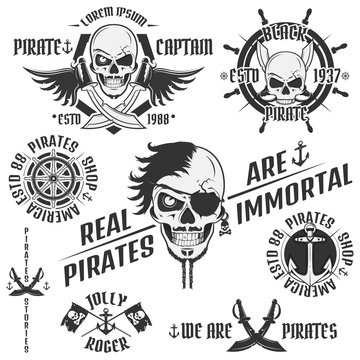 Set of vintage pirate emblems, tattoo, icon, tee shirt