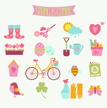 Set of 16 flat colorful spring icons. Vector illustration.