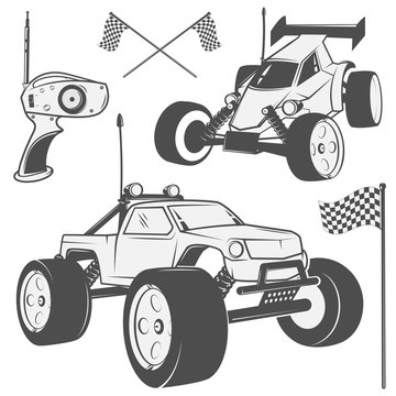 Set of radio controlled toys design elements for emblems, icon, tee shirt ,related emblems, labels