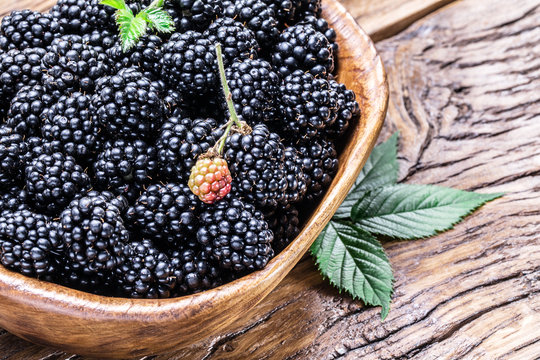 Blackberries in the wooden bowl.