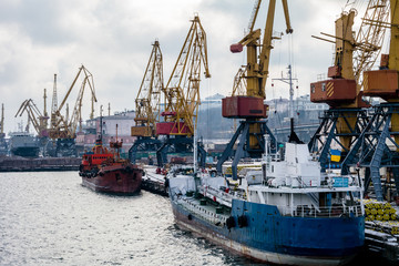 Fototapeta premium сargo cranes in the port in the winter and boats