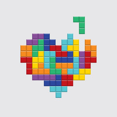 Valentines day card. Video game pixel colorful heart. Retro vintage design. Editable vector. 