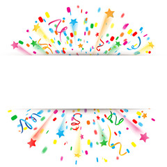 Banner mit buntem Konfetti Feuerwerk, Sternen und Luftschlangen