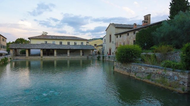 Medieval thermal baths in village Bagno Vignoni, Tuscany, Italy