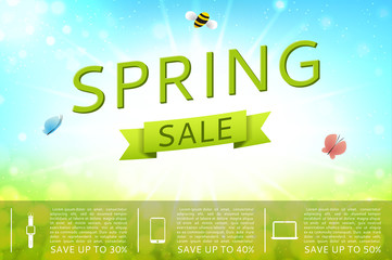 Design of the spring sale banner with butterflies and bumblebee. Vector illustration.