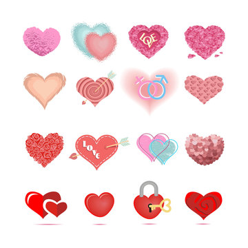 Vector set of colored hearts in different shapes and styles over