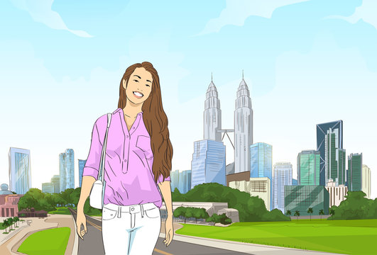 Asian Girl Over Road Modern City Cityscape