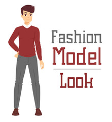 Beautiful vector cartoon fashion boy model constructor  look standing over white background