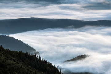 Carpathian Mountains. Mountains covered in mist at sunrise