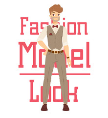 Beautiful vector cartoon fashion boy model constructor  look standing over white background