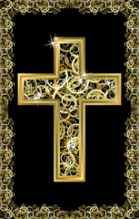 Happy Easter golden cross, vector illustration
