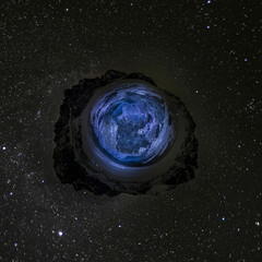 Little planet. Frozen lake in the mountains of Siberia.   