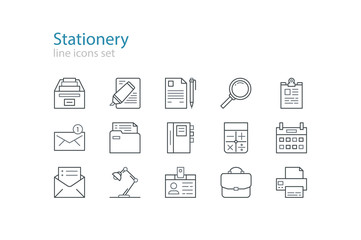 Office stationery  icons. Black and grey. Line art. Stock vector.