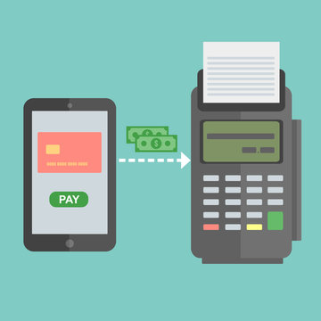 Nfc payment flat design style vector illustration, pos terminal confirms the payment using a smartphone