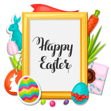 Happy Easter photo frame with decorative objects, eggs, bunnies stickers. Concept can be used for holiday invitations and posters