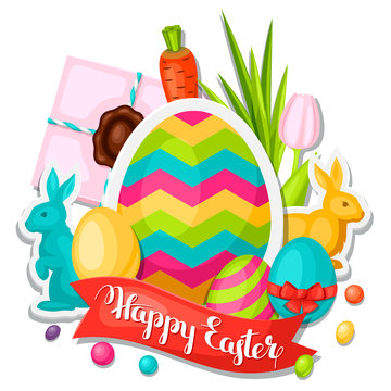 Happy Easter greeting card with decorative objects, eggs, bunnies stickers. Concept can be used for holiday invitations and posters