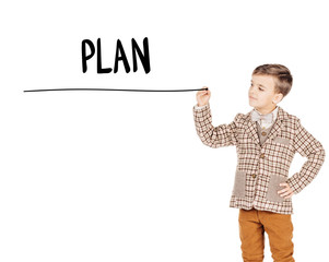 Portrait young boy with black marker writing plan on a white background