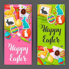 Fototapeta premium Happy Easter banners with decorative objects, eggs, bunnies stickers. Concept can be used for holiday invitations and posters