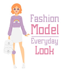 Beautiful vector cartoon fashion girl model constructor  look standing over white background