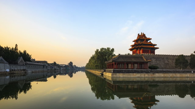 China Beijing, the Palace Museum (Forbidden City), outer moat at sunrise,time lapse.