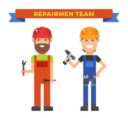 Cartoon workers couple and tools under construction vector illustration