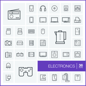 Vector thin line icons set and graphic design elements. Illustration with electronics, multimedia and technology outline symbols. Music, film, phones, joystick, video, kitchen gadgets linear pictogram